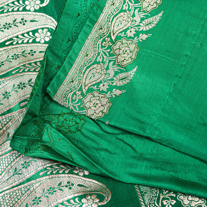Sanskriti Vintage Green Soft Pure Satin Sarees Zari Handmade Brocade Banarasi 5y