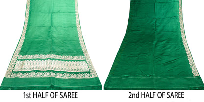 Sanskriti Vintage Green Soft Pure Satin Sarees Zari Handmade Brocade Banarasi 5y