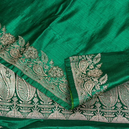 Sanskriti Vintage Green Soft Pure Satin Sarees Zari Handmade Brocade Banarasi 5y