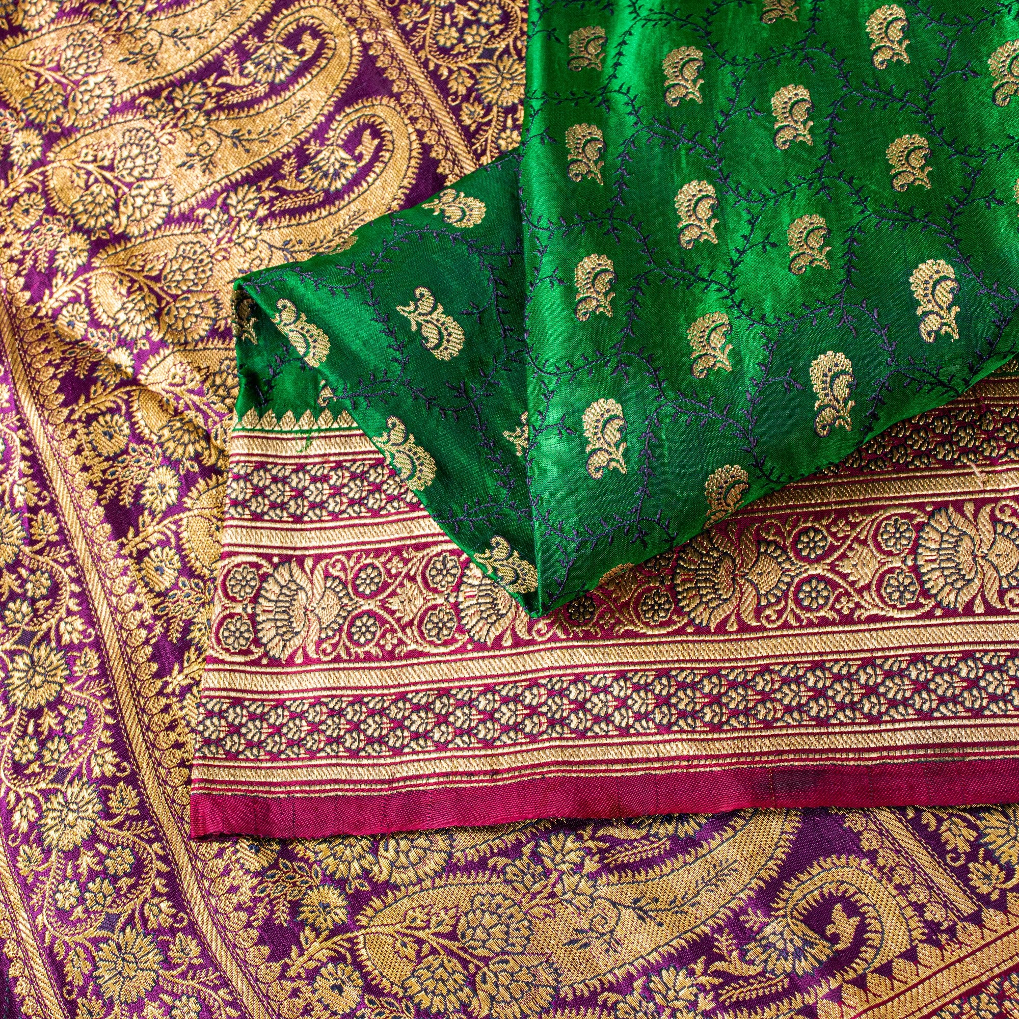 Sanskriti Vintage Green Pure Satin Sarees Zari Handwoven Brocade Banarasi Fabric