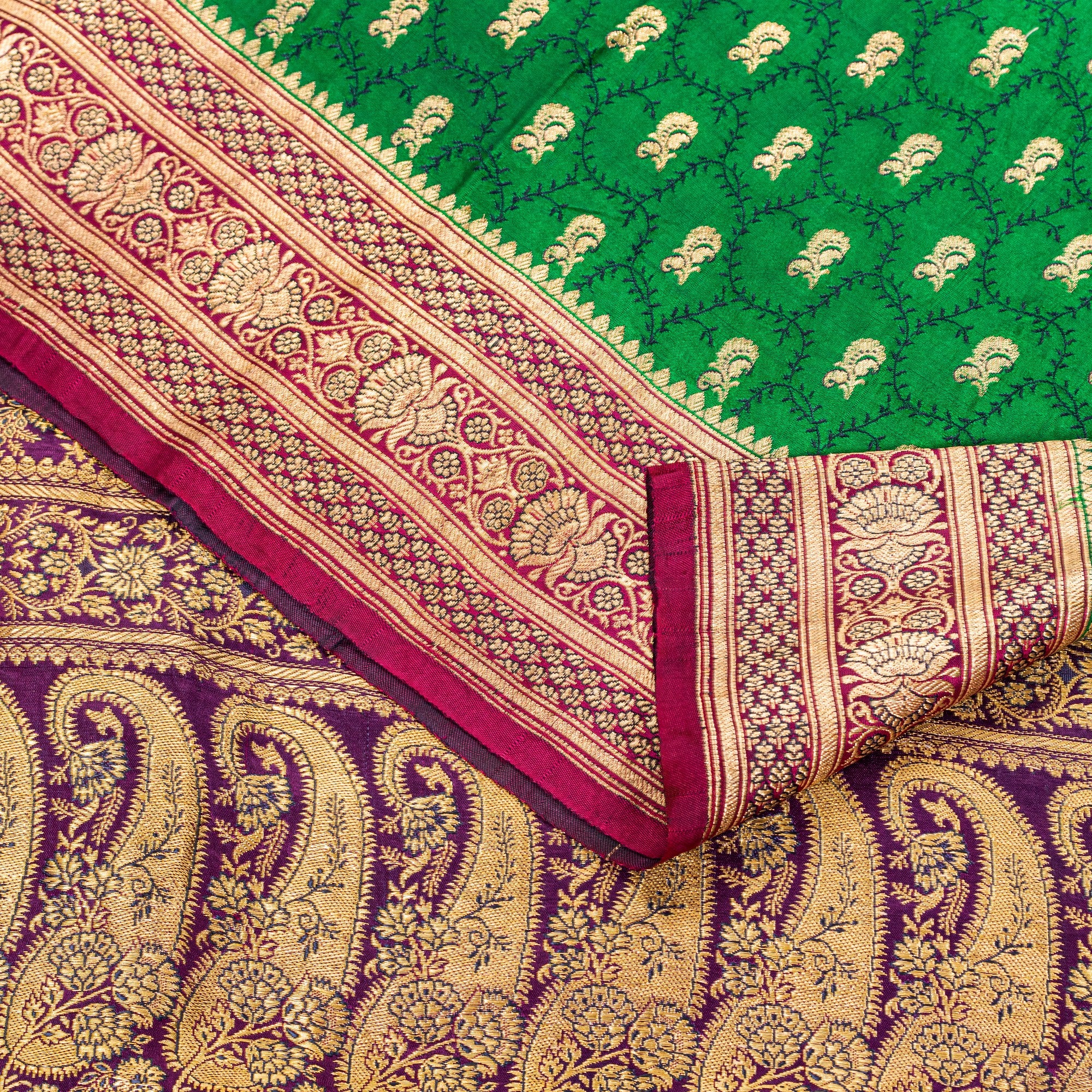 Sanskriti Vintage Green Pure Satin Sarees Zari Handwoven Brocade Banarasi Fabric