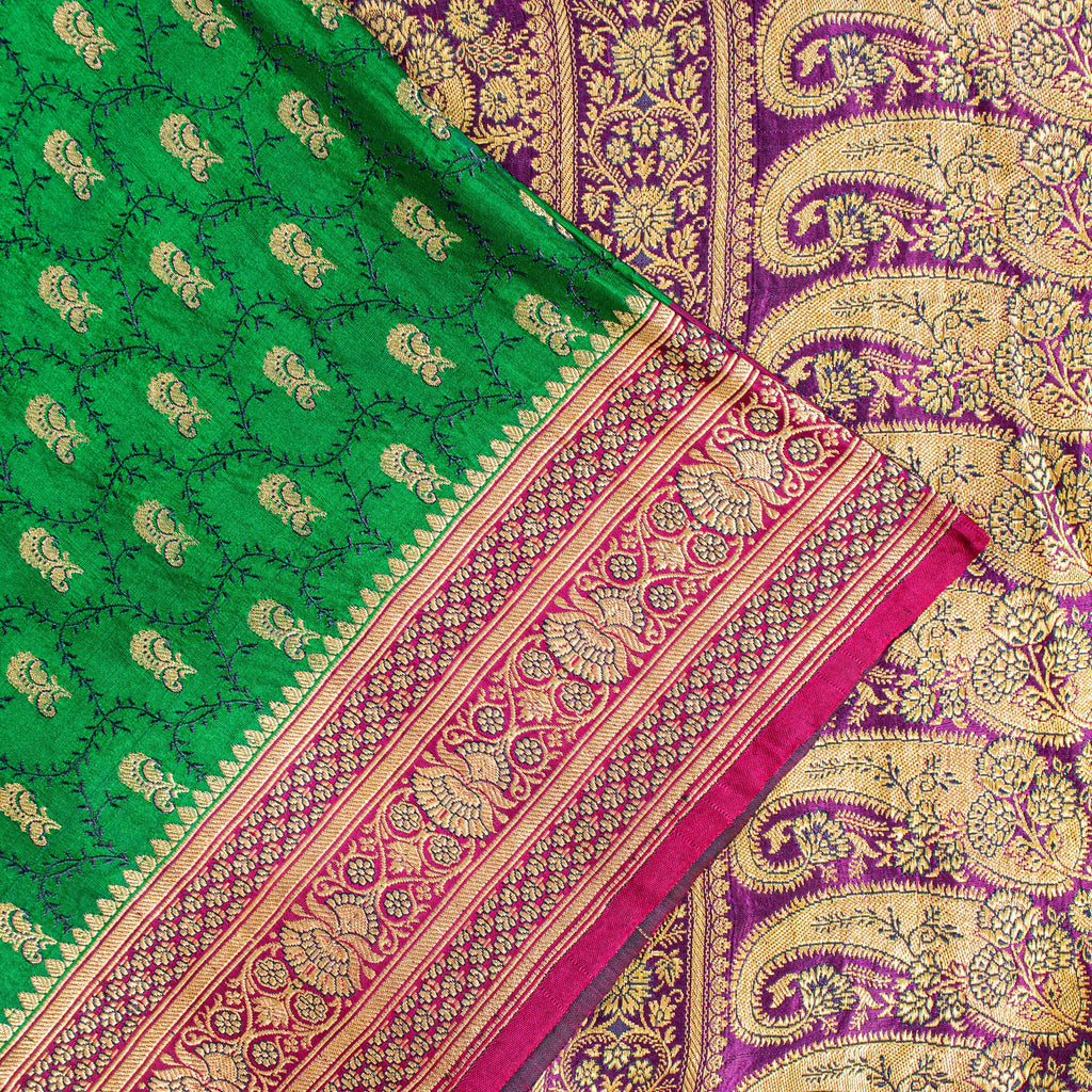 Sanskriti Vintage Green Pure Satin Sarees Zari Handwoven Brocade Banarasi Fabric