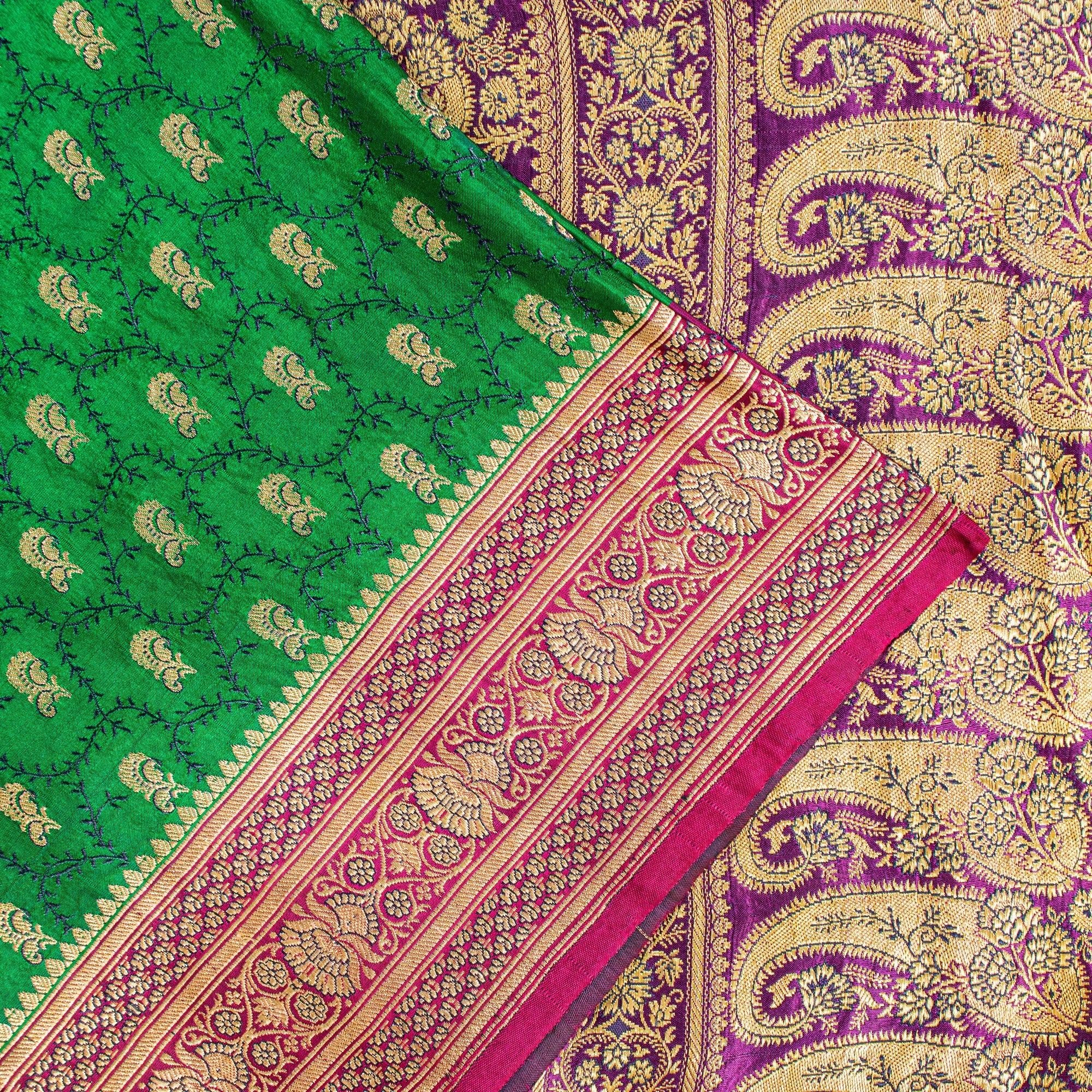 Sanskriti Vintage Green Pure Satin Sarees Zari Handwoven Brocade Banarasi Fabric