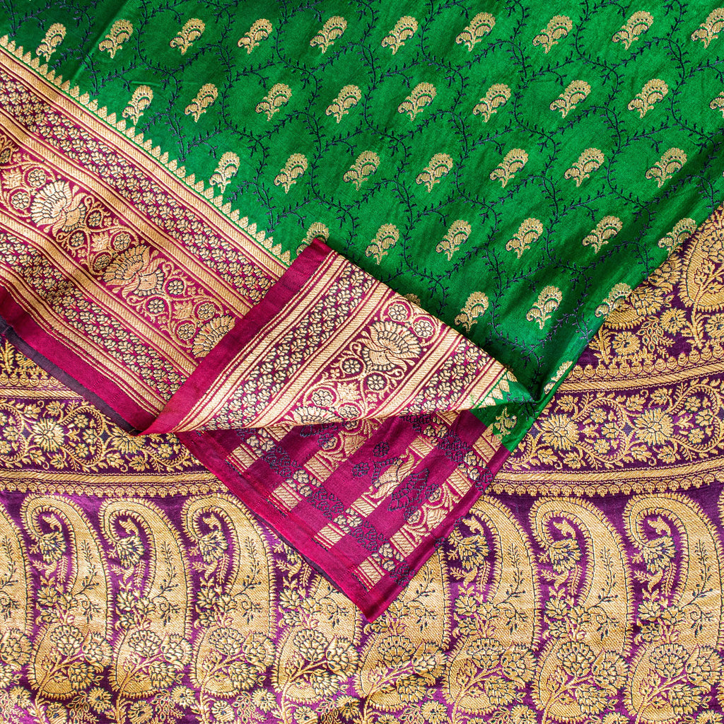 Sanskriti Vintage Green Pure Satin Sarees Zari Handwoven Brocade Banarasi Fabric