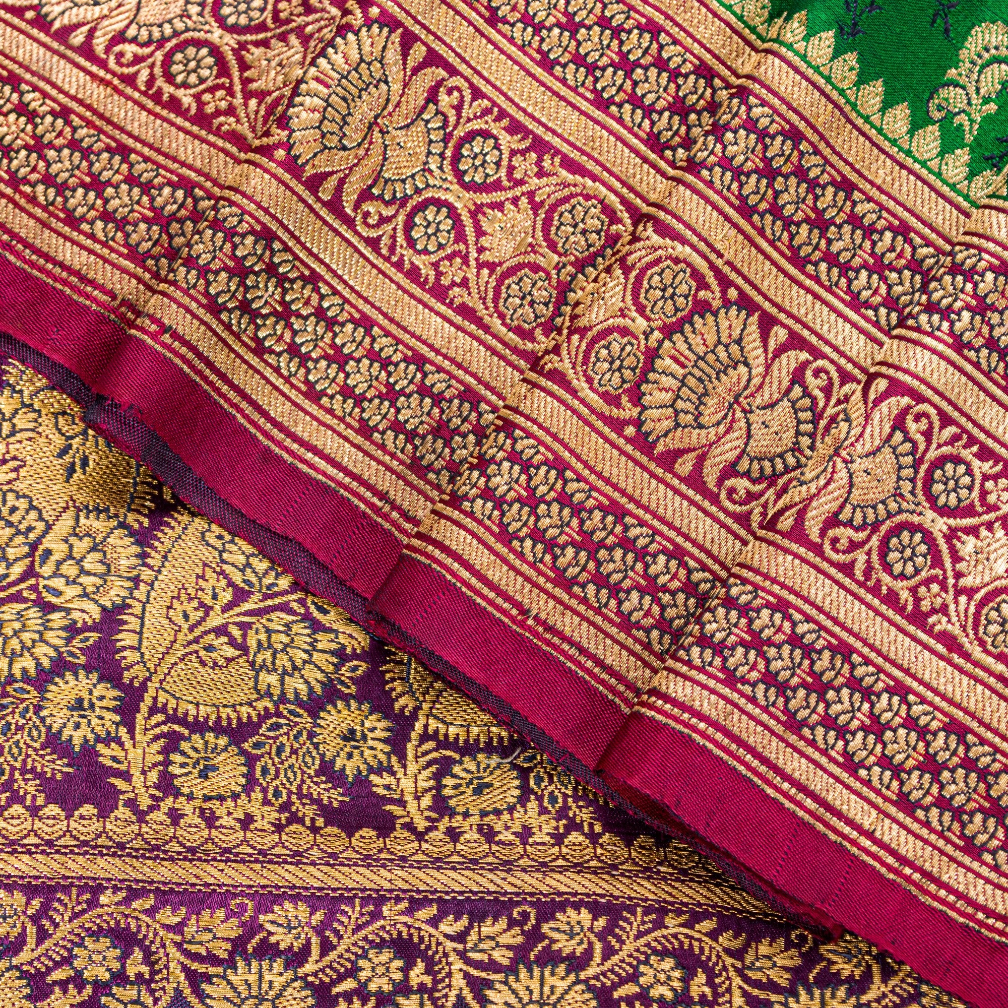 Sanskriti Vintage Green Pure Satin Sarees Zari Handwoven Brocade Banarasi Fabric