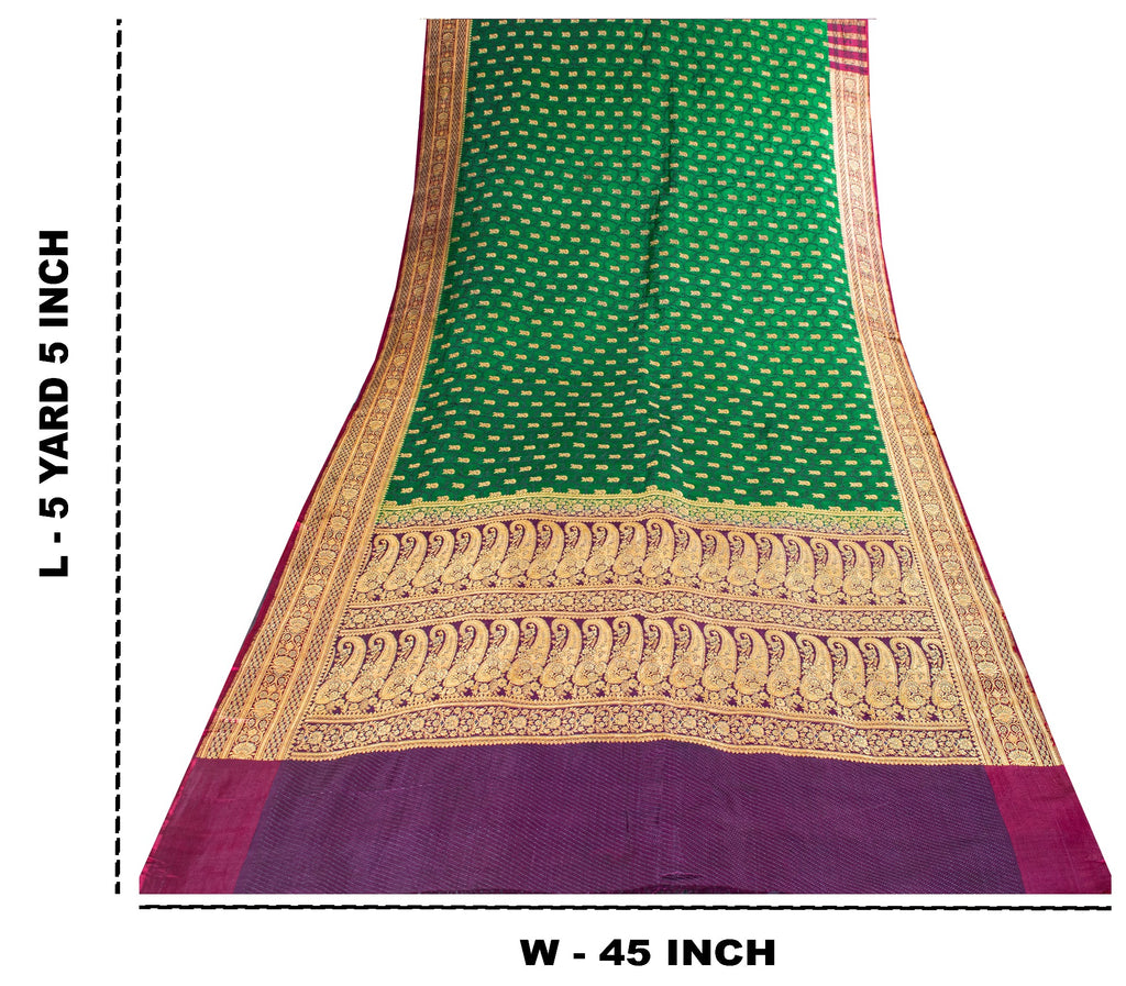 Sanskriti Vintage Green Pure Satin Sarees Zari Handwoven Brocade Banarasi Fabric