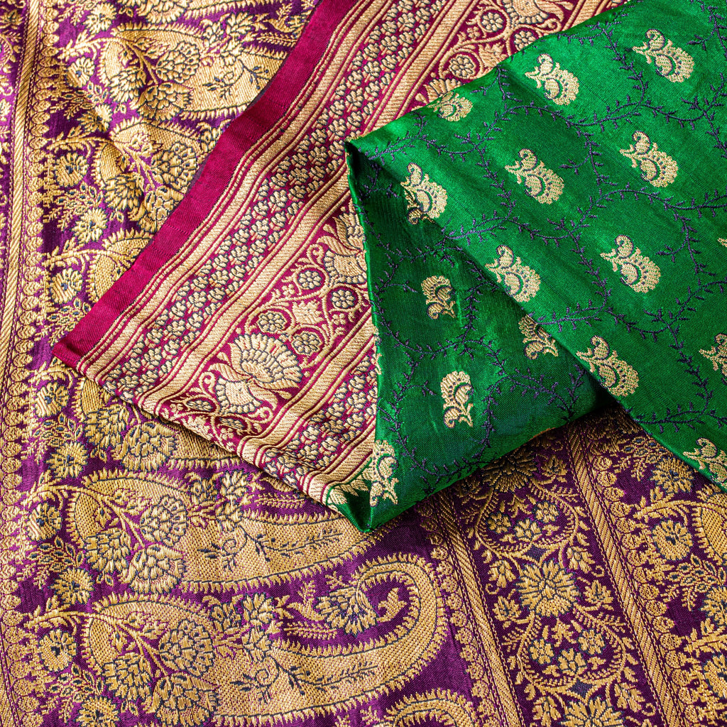 Sanskriti Vintage Green Pure Satin Sarees Zari Handwoven Brocade Banarasi Fabric