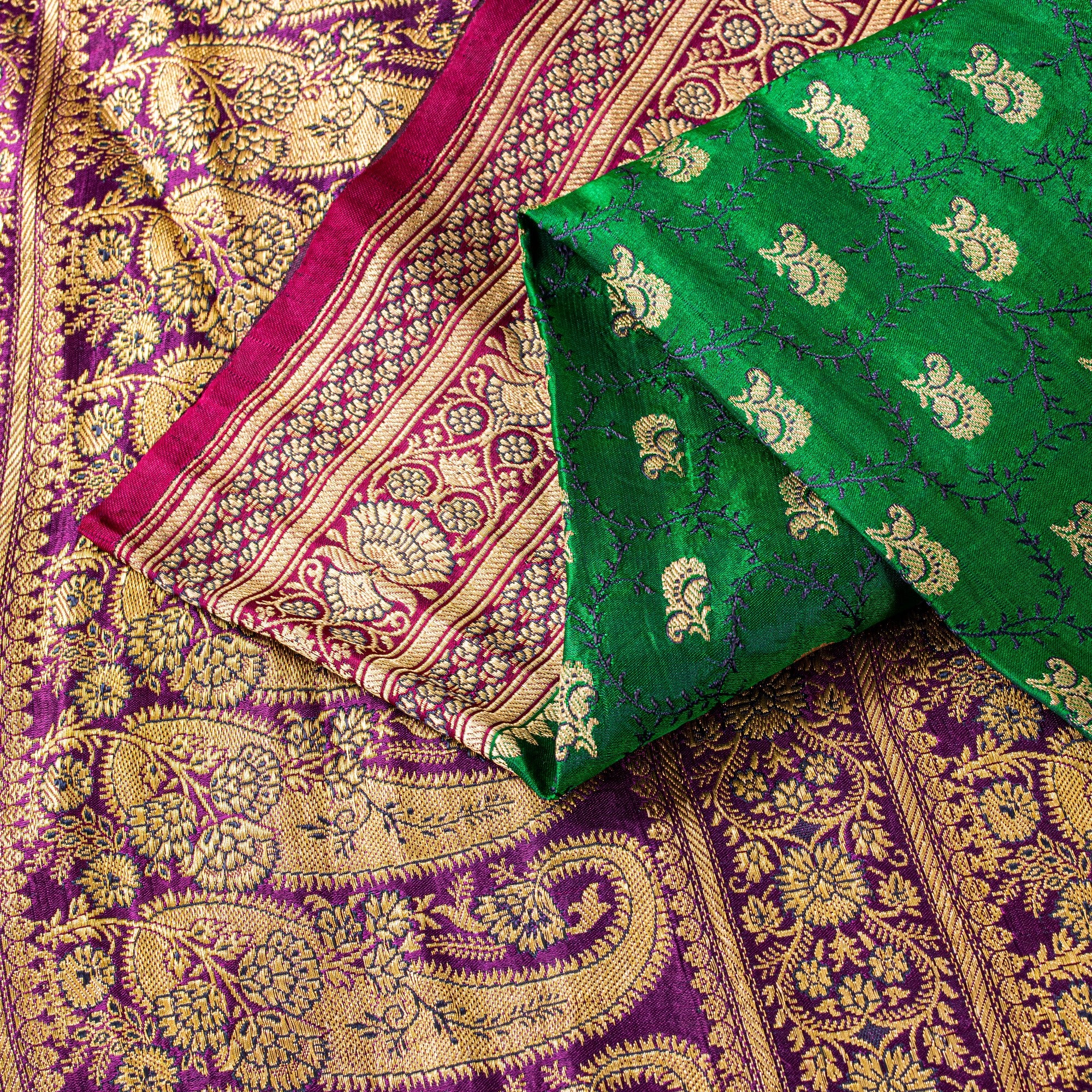 Sanskriti Vintage Green Pure Satin Sarees Zari Handwoven Brocade Banarasi Fabric