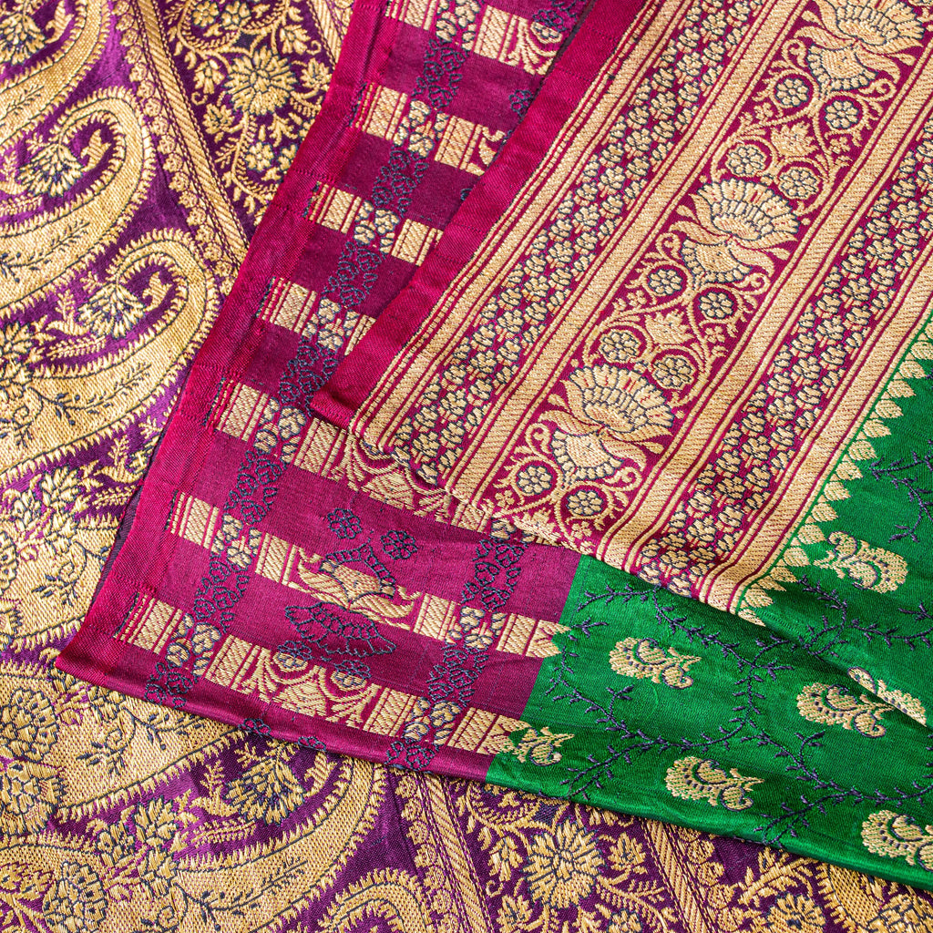 Sanskriti Vintage Green Pure Satin Sarees Zari Handwoven Brocade Banarasi Fabric