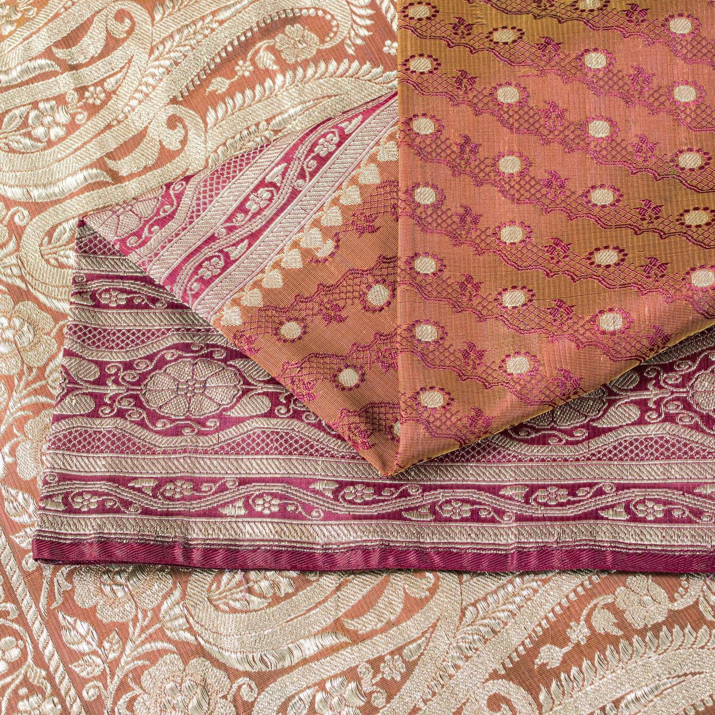 Sanskriti Vintage Saree Peach Soft 100% Pure Satin Silk 5+YD Sari Zari Handwoven Brocade Banarasi Fabric Home Decor, Sewing, DIY Projects