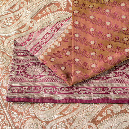 Sanskriti Vintage Saree Peach Soft 100% Pure Satin Silk 5+YD Sari Zari Handwoven Brocade Banarasi Fabric Home Decor, Sewing, DIY Projects