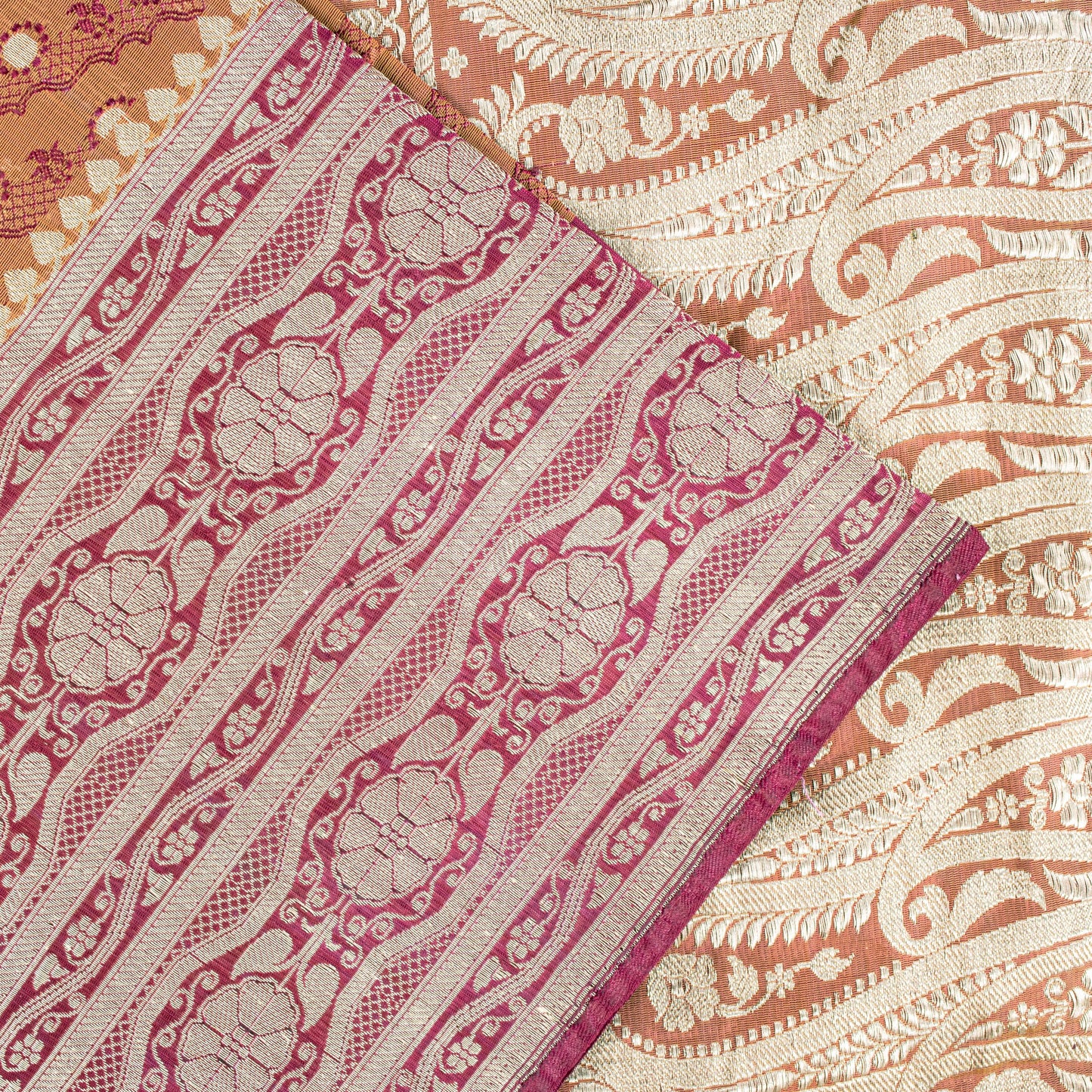 Sanskriti Vintage Saree Peach Soft 100% Pure Satin Silk 5+YD Sari Zari Handwoven Brocade Banarasi Fabric Home Decor, Sewing, DIY Projects