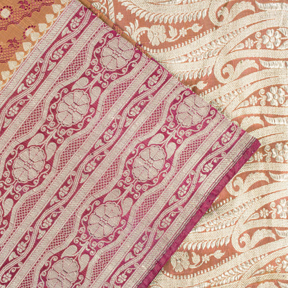 Sanskriti Vintage Saree Peach Soft 100% Pure Satin Silk 5+YD Sari Zari Handwoven Brocade Banarasi Fabric Home Decor, Sewing, DIY Projects