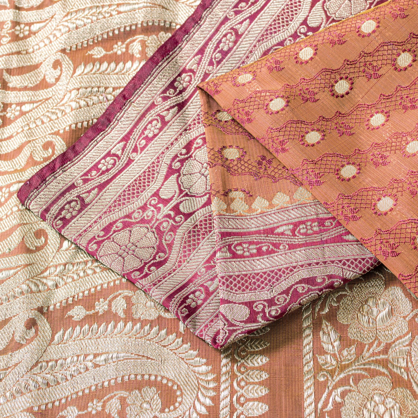 Sanskriti Vintage Saree Peach Soft 100% Pure Satin Silk 5+YD Sari Zari Handwoven Brocade Banarasi Fabric Home Decor, Sewing, DIY Projects