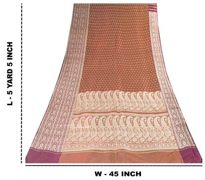 Sanskriti Vintage Saree Peach Soft 100% Pure Satin Silk 5+YD Sari Zari Handwoven Brocade Banarasi Fabric Home Decor, Sewing, DIY Projects