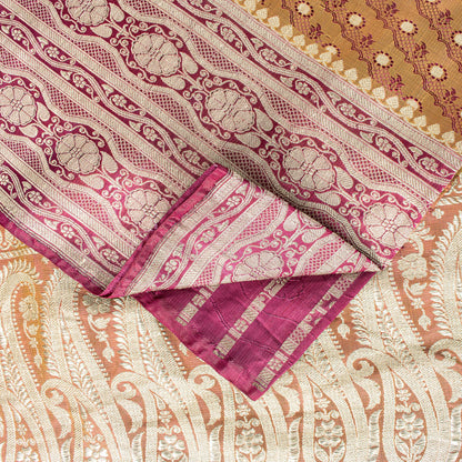 Sanskriti Vintage Saree Peach Soft 100% Pure Satin Silk 5+YD Sari Zari Handwoven Brocade Banarasi Fabric Home Decor, Sewing, DIY Projects