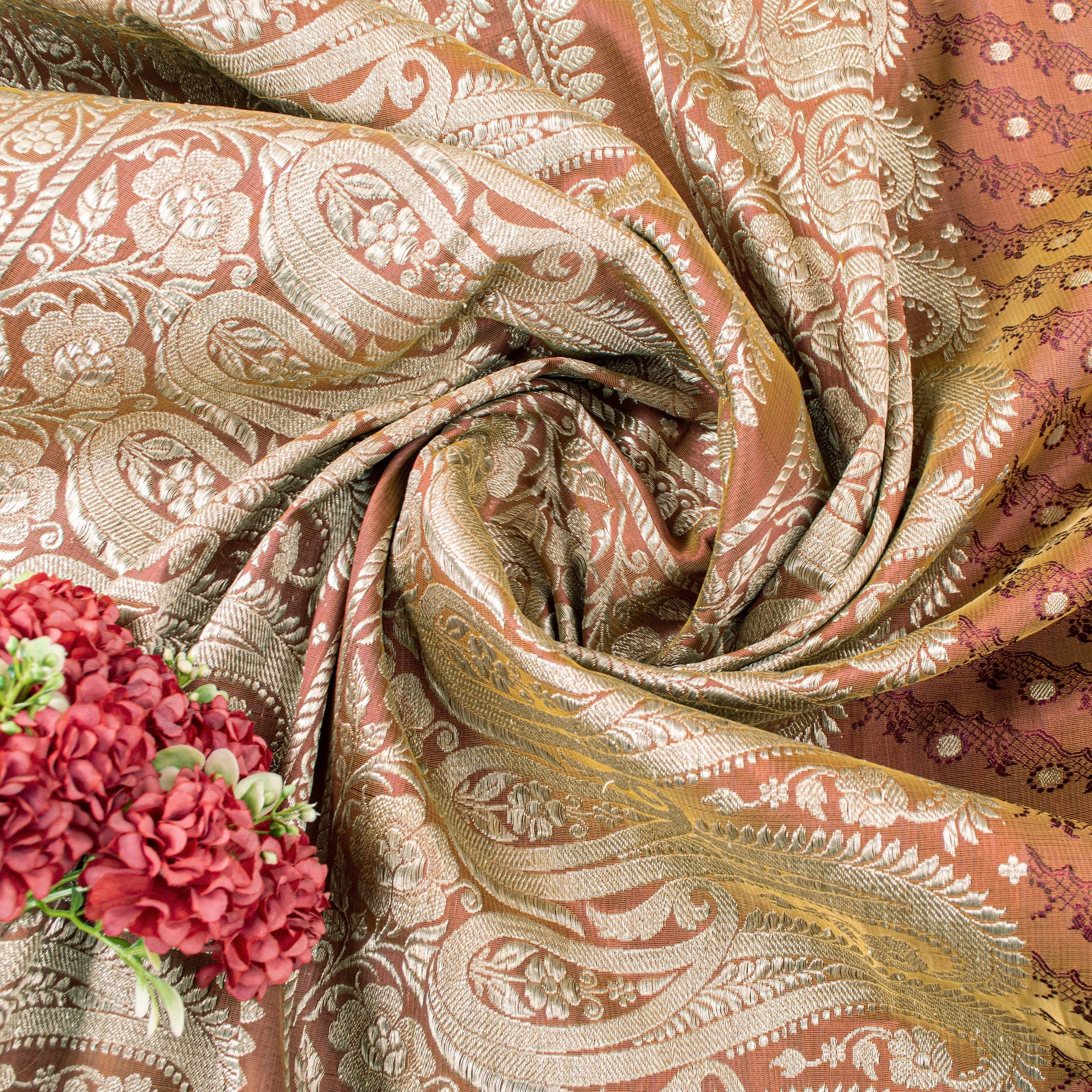 Sanskriti Vintage Peach Pure Satin Sarees Zari Handwoven Brocade Banarasi 5+YD