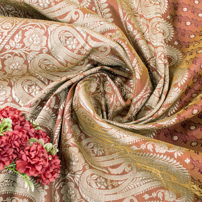 Sanskriti Vintage Saree Peach Soft 100% Pure Satin Silk 5+YD Sari Zari Handwoven Brocade Banarasi Fabric Home Decor, Sewing, DIY Projects