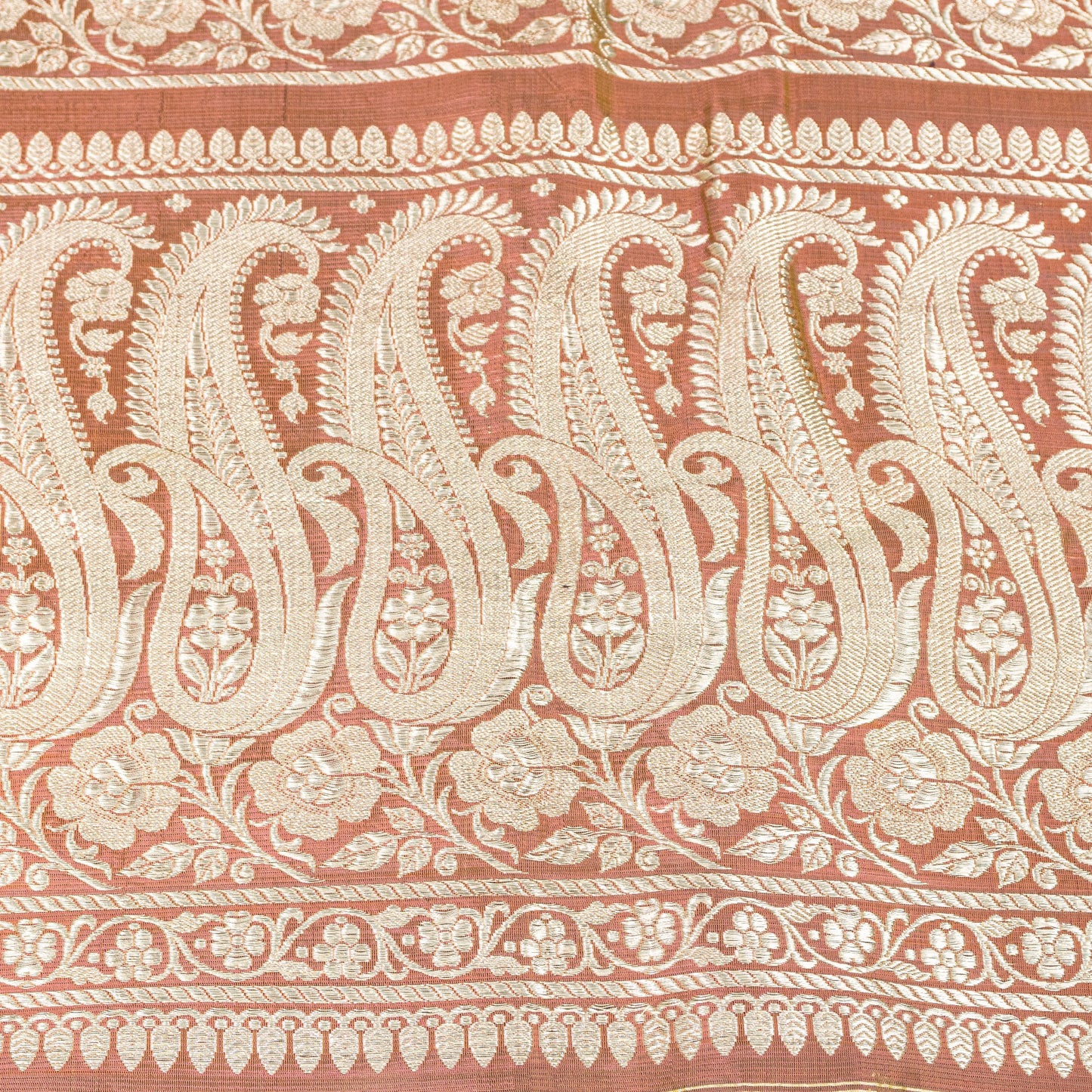 Sanskriti Vintage Saree Peach Soft 100% Pure Satin Silk 5+YD Sari Zari Handwoven Brocade Banarasi Fabric Home Decor, Sewing, DIY Projects