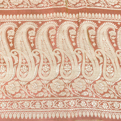 Sanskriti Vintage Saree Peach Soft 100% Pure Satin Silk 5+YD Sari Zari Handwoven Brocade Banarasi Fabric Home Decor, Sewing, DIY Projects