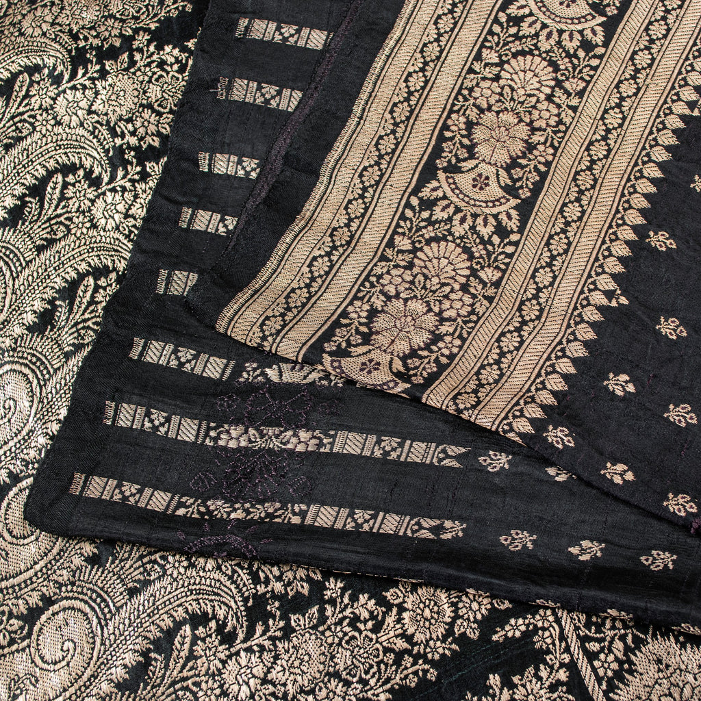 Sanskriti Vintage Black Pure Satin Sarees Banarasi Brocade Zari Hand Woven 5+YD