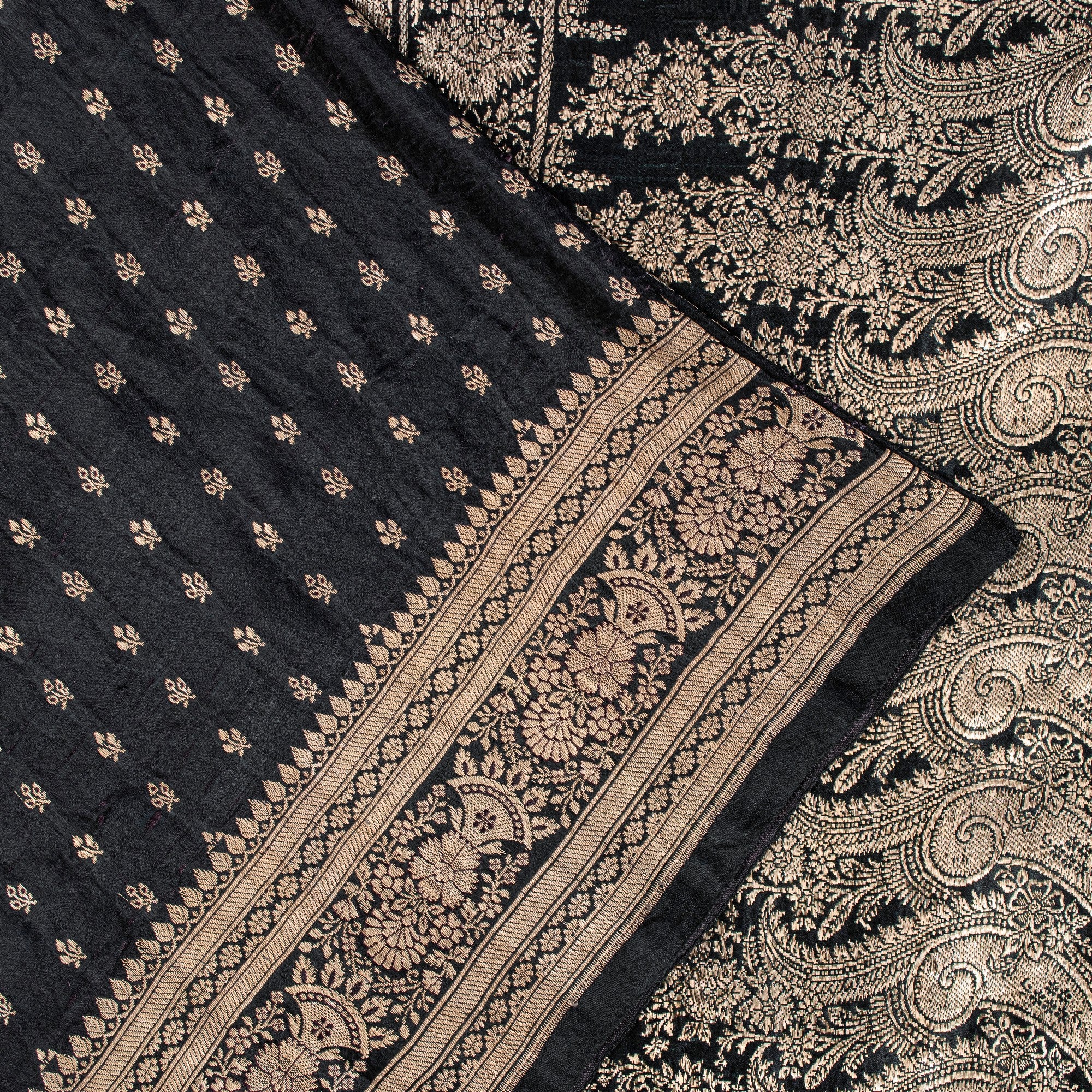 Sanskriti Vintage Black Pure Satin Sarees Banarasi Brocade Zari Hand Woven 5+YD