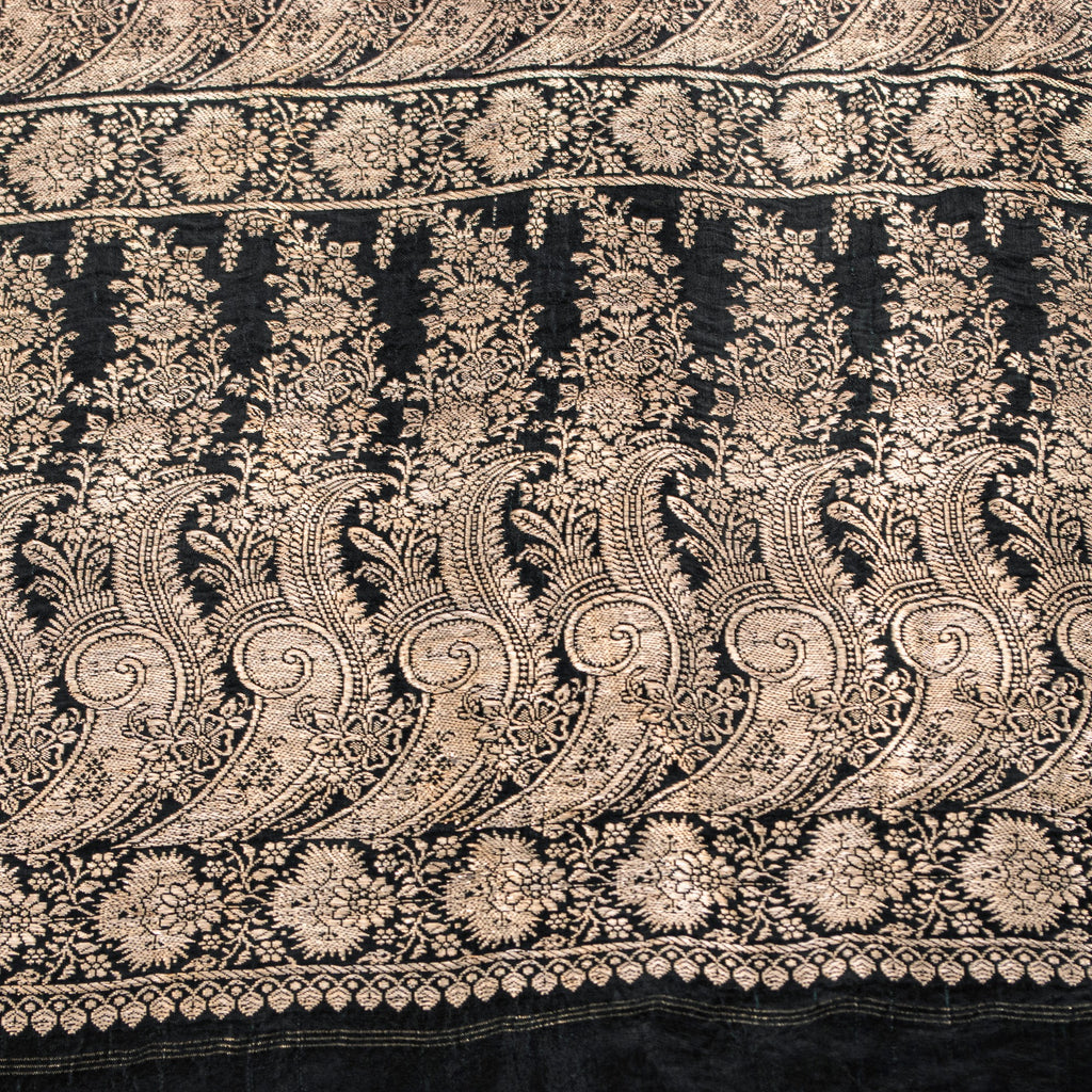 Sanskriti Vintage Black Pure Satin Sarees Banarasi Brocade Zari Hand Woven 5+YD