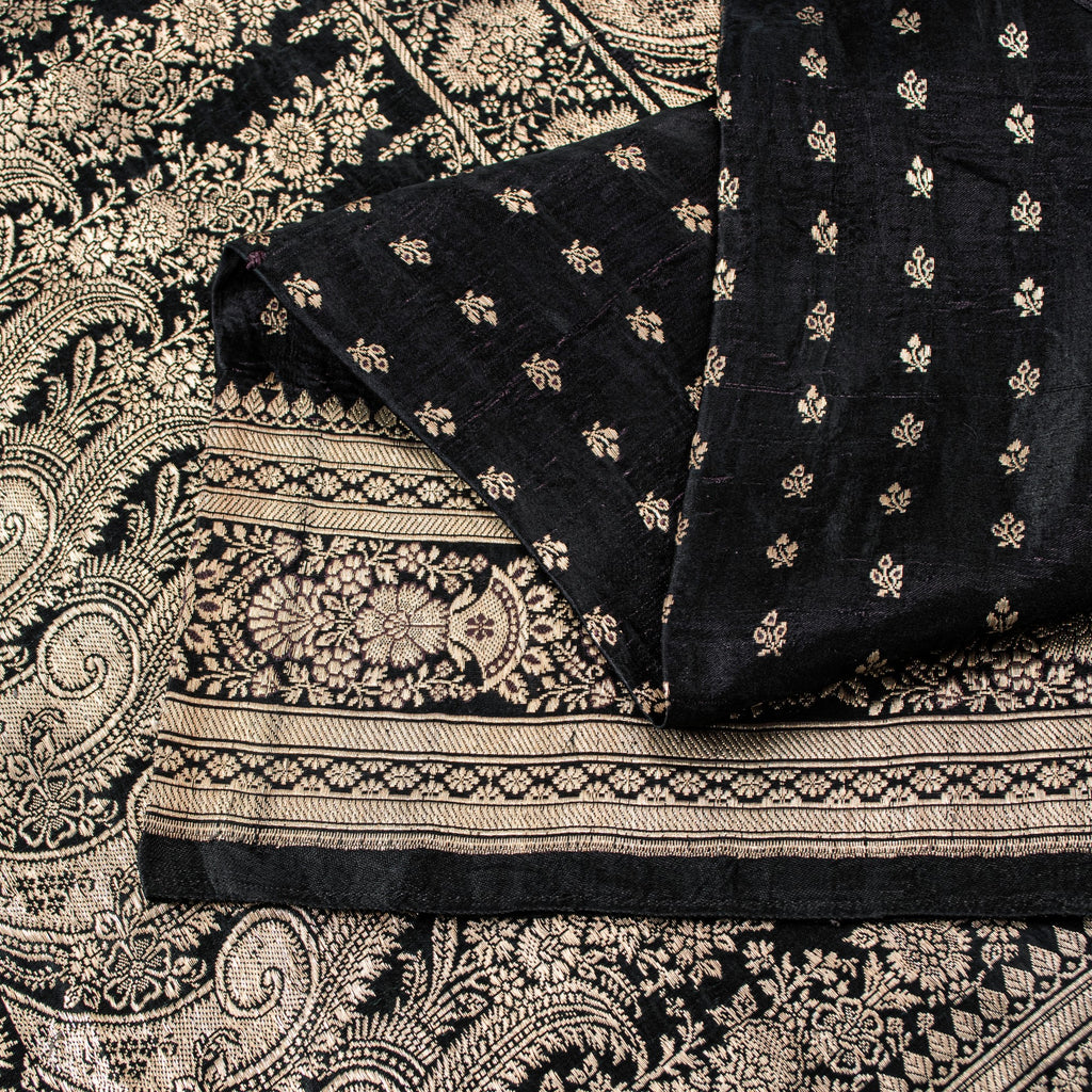 Sanskriti Vintage Black Pure Satin Sarees Banarasi Brocade Zari Hand Woven 5+YD