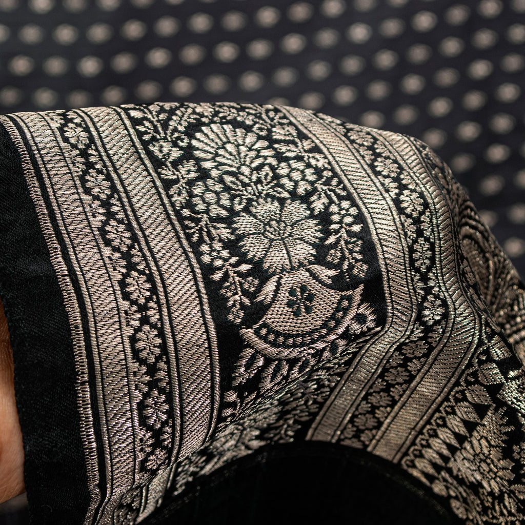 Sanskriti Vintage Black Pure Satin Sarees Banarasi Brocade Zari Hand Woven 5+YD