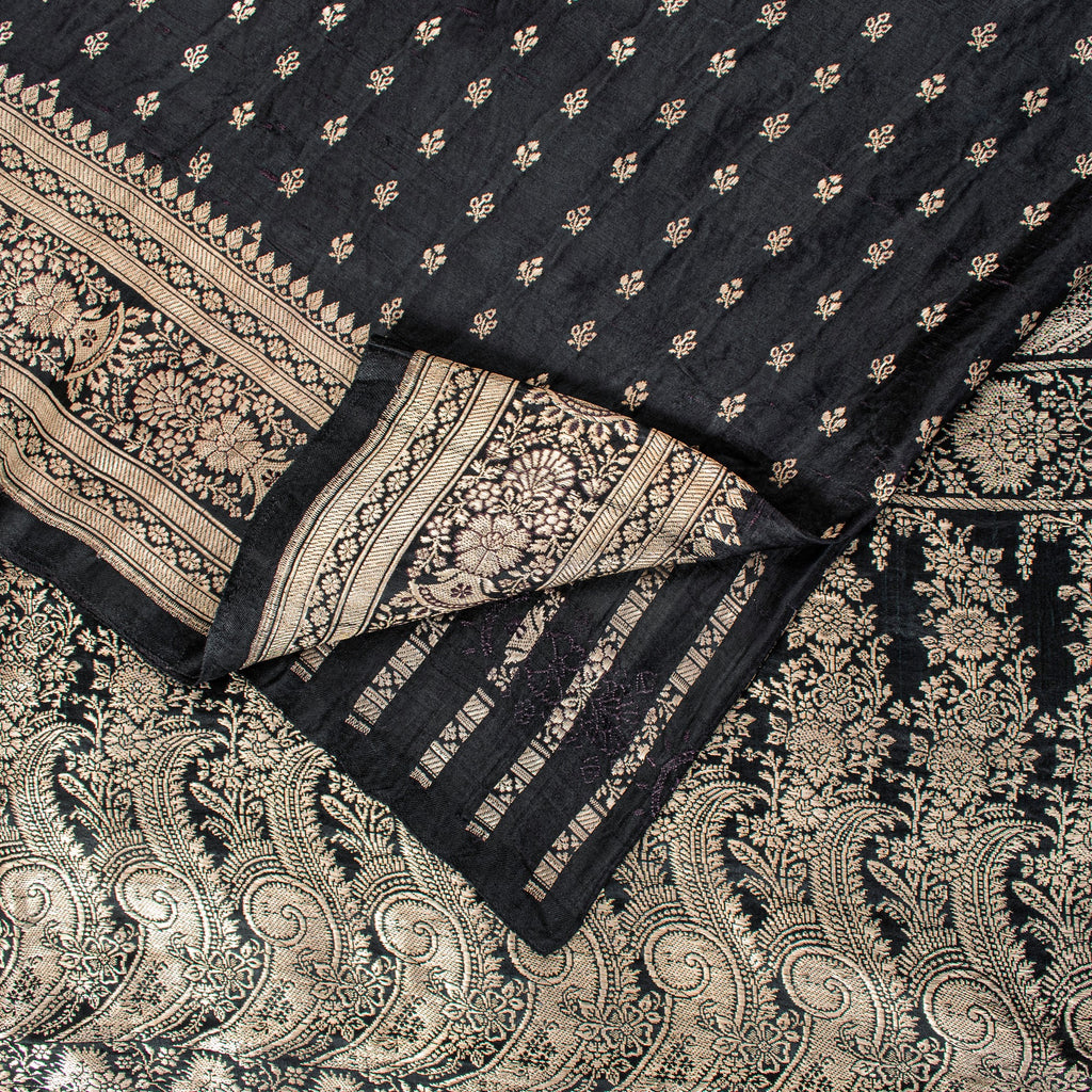 Sanskriti Vintage Black Pure Satin Sarees Banarasi Brocade Zari Hand Woven 5+YD