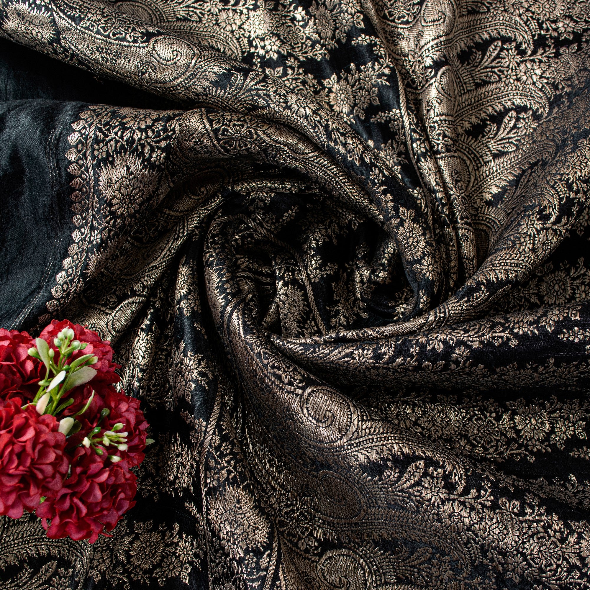 Sanskriti Vintage Black Pure Satin Sarees Banarasi Brocade Zari Hand Woven 5+YD