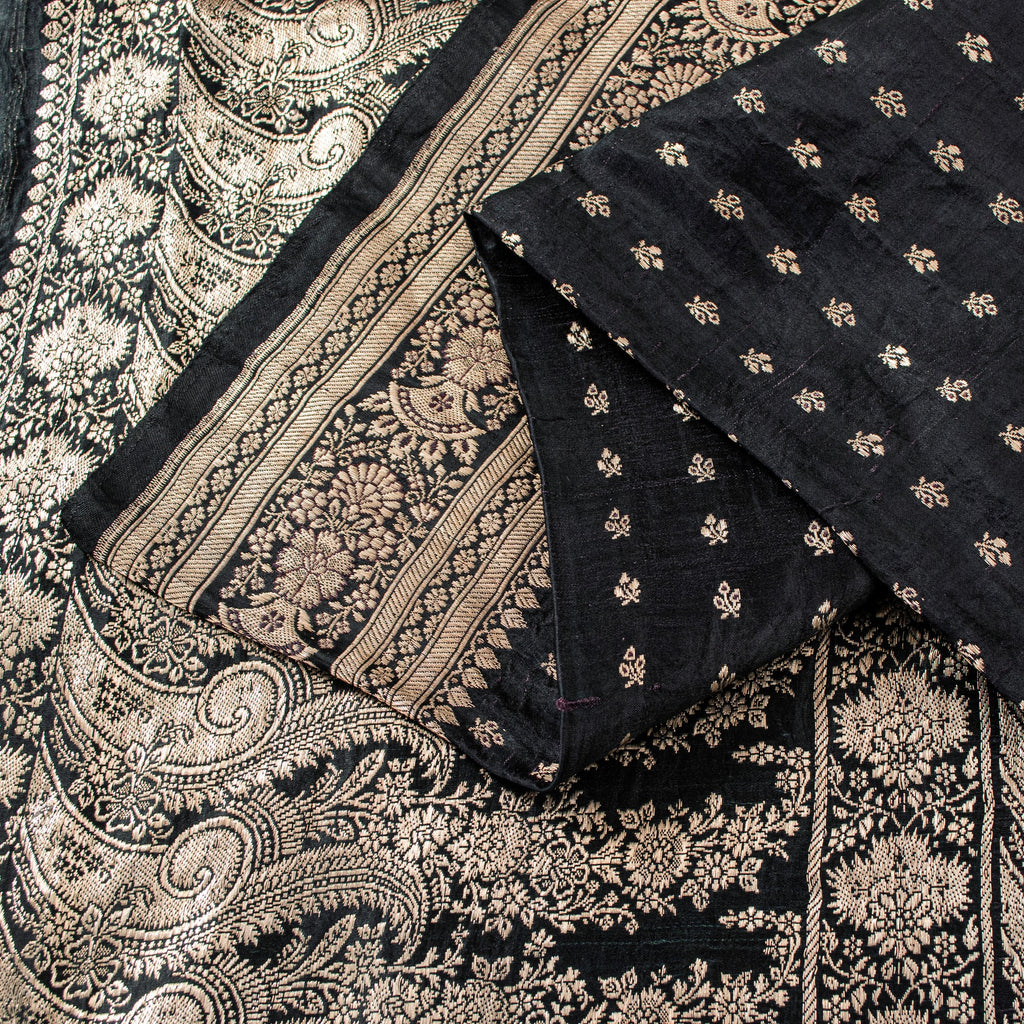 Sanskriti Vintage Black Pure Satin Sarees Banarasi Brocade Zari Hand Woven 5+YD