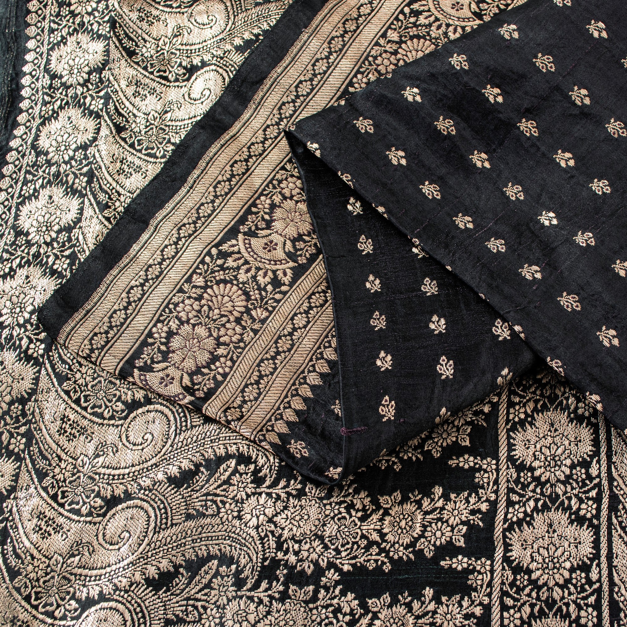 Sanskriti Vintage Black Pure Satin Sarees Banarasi Brocade Zari Hand Woven 5+YD