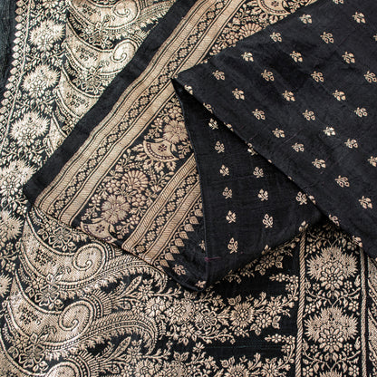 Sanskriti Vintage Black Pure Satin Sarees Banarasi Brocade Zari Hand Woven 5+YD