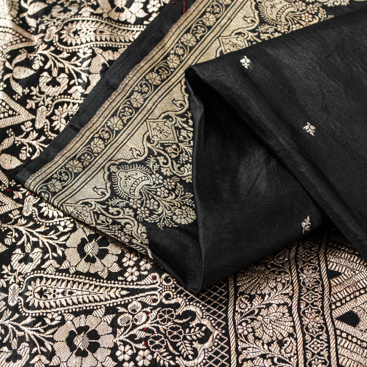 Sanskriti Vintage Saree Black 100% Pure Satin Silk Banarasi Brocade Zari Hand Woven 5+ Yd Uses-Table linen, Cushions, Curtains, Dressing