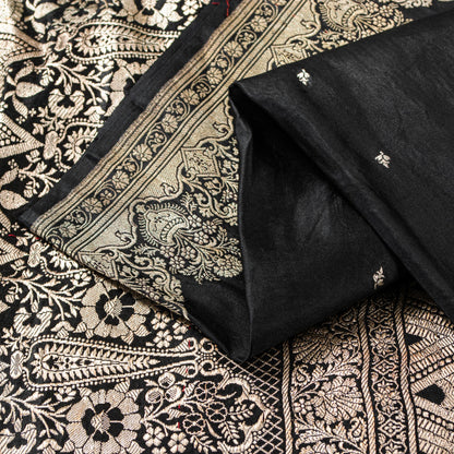 Sanskriti Vintage Saree Black 100% Pure Satin Silk Banarasi Brocade Zari Hand Woven 5+ Yd Uses-Table linen, Cushions, Curtains, Dressing