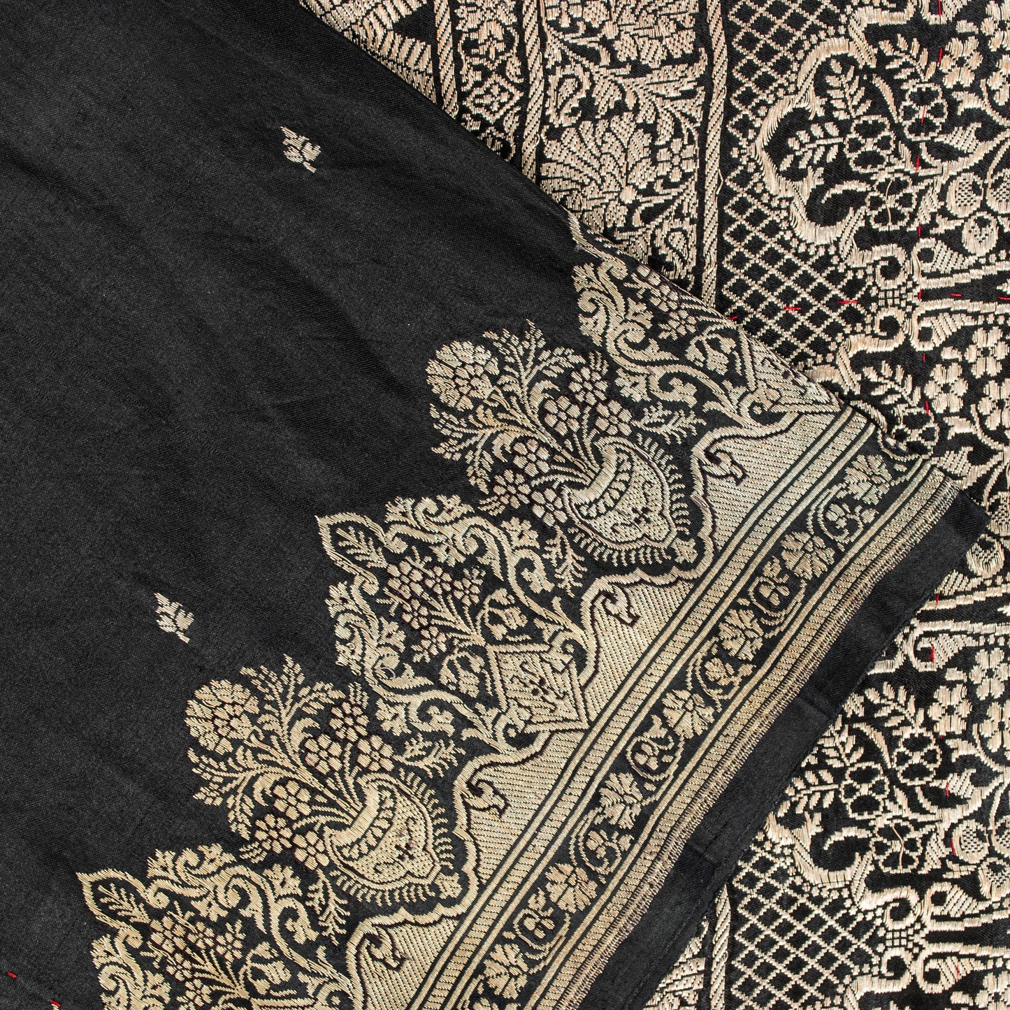 Sanskriti Vintage Saree Black 100% Pure Satin Silk Banarasi Brocade Zari Hand Woven 5+ Yd Uses-Table linen, Cushions, Curtains, Dressing