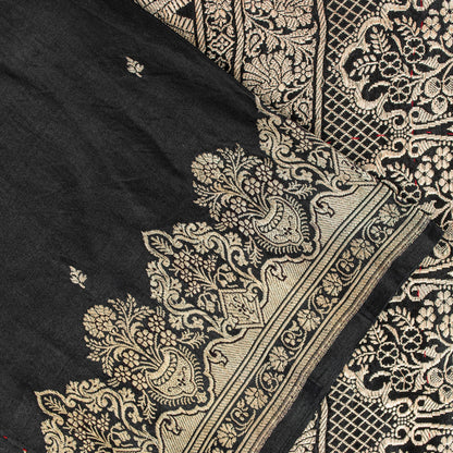 Sanskriti Vintage Saree Black 100% Pure Satin Silk Banarasi Brocade Zari Hand Woven 5+ Yd Uses-Table linen, Cushions, Curtains, Dressing