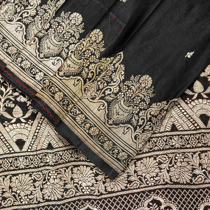 Sanskriti Vintage Saree Black 100% Pure Satin Silk Banarasi Brocade Zari Hand Woven 5+ Yd Uses-Table linen, Cushions, Curtains, Dressing