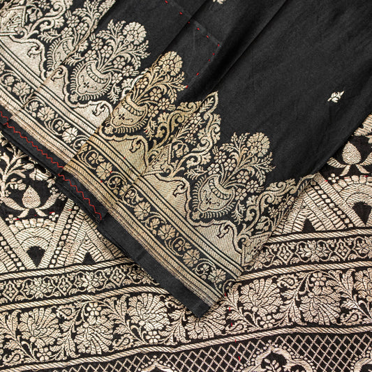 Sanskriti Vintage Black Pure Satin Sarees Banarasi Brocade Zari Hand Woven 5+ YD