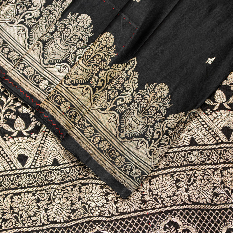 Sanskriti Vintage Saree Black 100% Pure Satin Silk Banarasi Brocade Zari Hand Woven 5+ Yd Uses-Table linen, Cushions, Curtains, Dressing