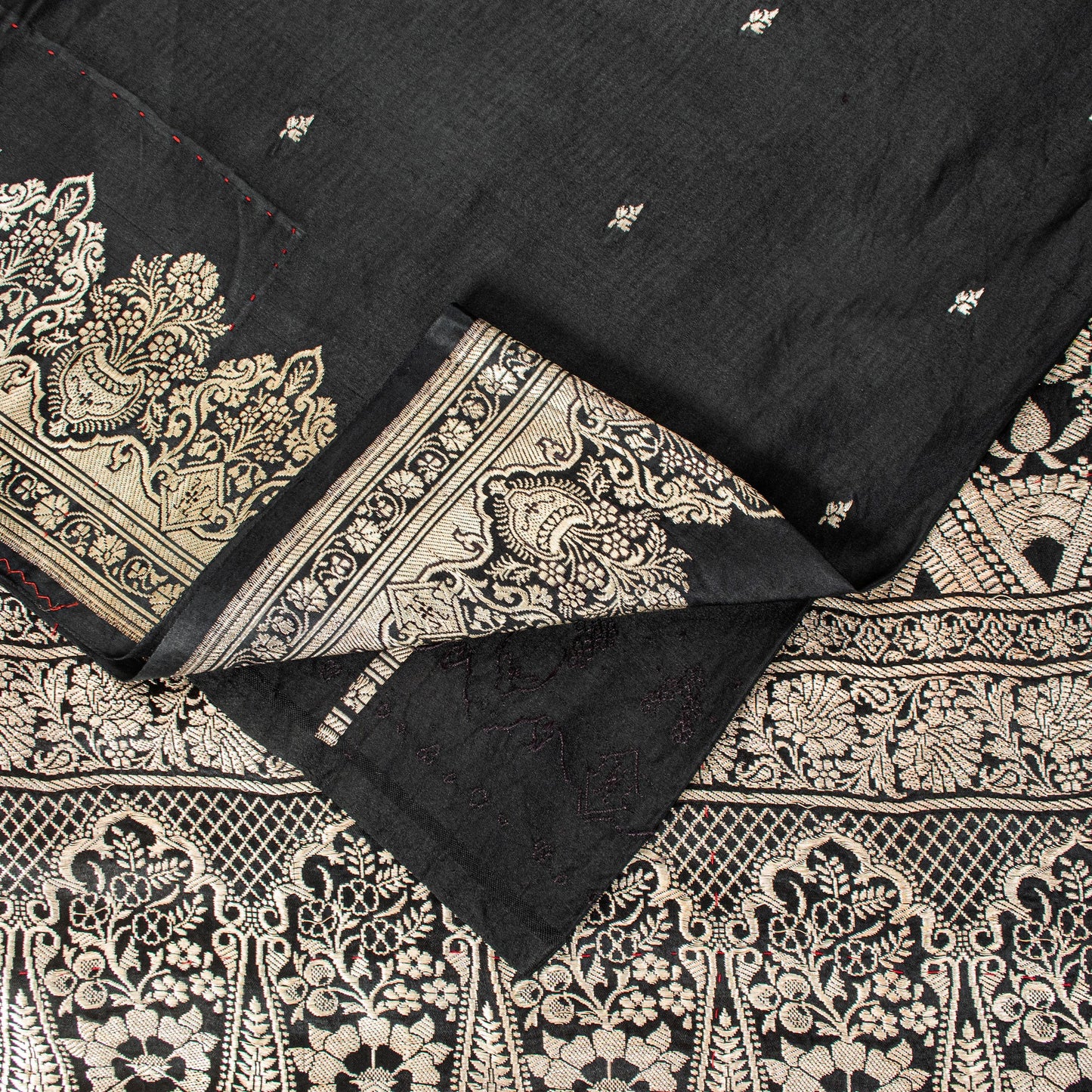 Sanskriti Vintage Saree Black 100% Pure Satin Silk Banarasi Brocade Zari Hand Woven 5+ Yd Uses-Table linen, Cushions, Curtains, Dressing