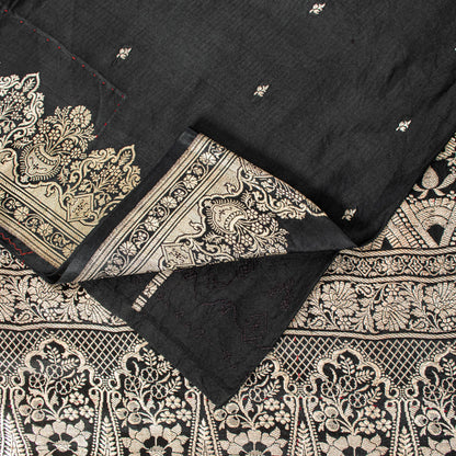 Sanskriti Vintage Saree Black 100% Pure Satin Silk Banarasi Brocade Zari Hand Woven 5+ Yd Uses-Table linen, Cushions, Curtains, Dressing
