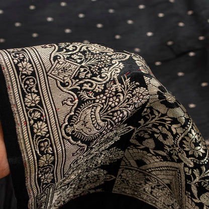 Sanskriti Vintage Saree Black 100% Pure Satin Silk Banarasi Brocade Zari Hand Woven 5+ Yd Uses-Table linen, Cushions, Curtains, Dressing