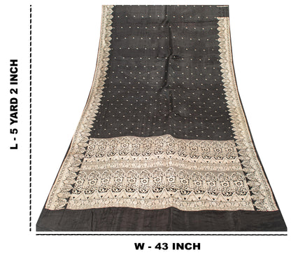 Sanskriti Vintage Saree Black 100% Pure Satin Silk Banarasi Brocade Zari Hand Woven 5+ Yd Uses-Table linen, Cushions, Curtains, Dressing