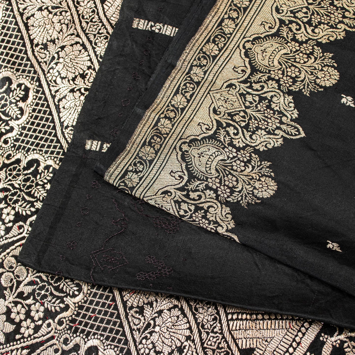 Sanskriti Vintage Saree Black 100% Pure Satin Silk Banarasi Brocade Zari Hand Woven 5+ Yd Uses-Table linen, Cushions, Curtains, Dressing
