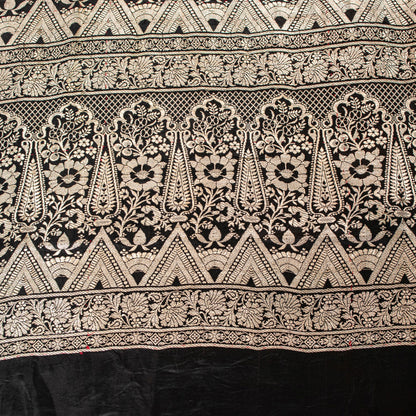 Sanskriti Vintage Saree Black 100% Pure Satin Silk Banarasi Brocade Zari Hand Woven 5+ Yd Uses-Table linen, Cushions, Curtains, Dressing