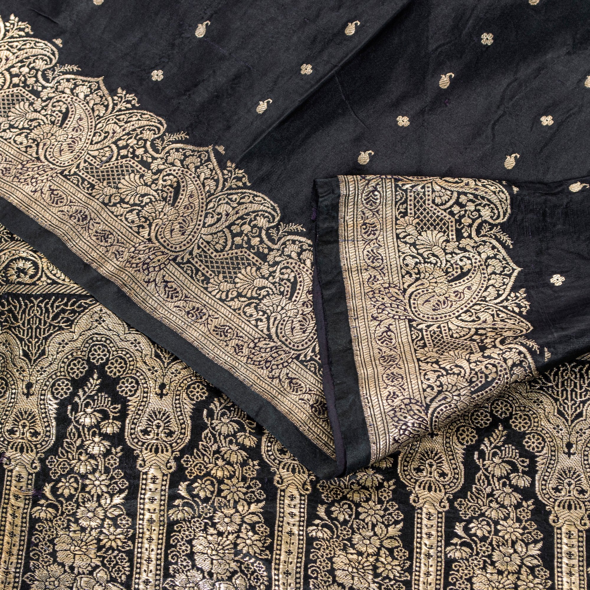 Sanskriti Vintage Black Pure Satin Sarees Banarasi Brocade Zari Hand Woven 5+YD
