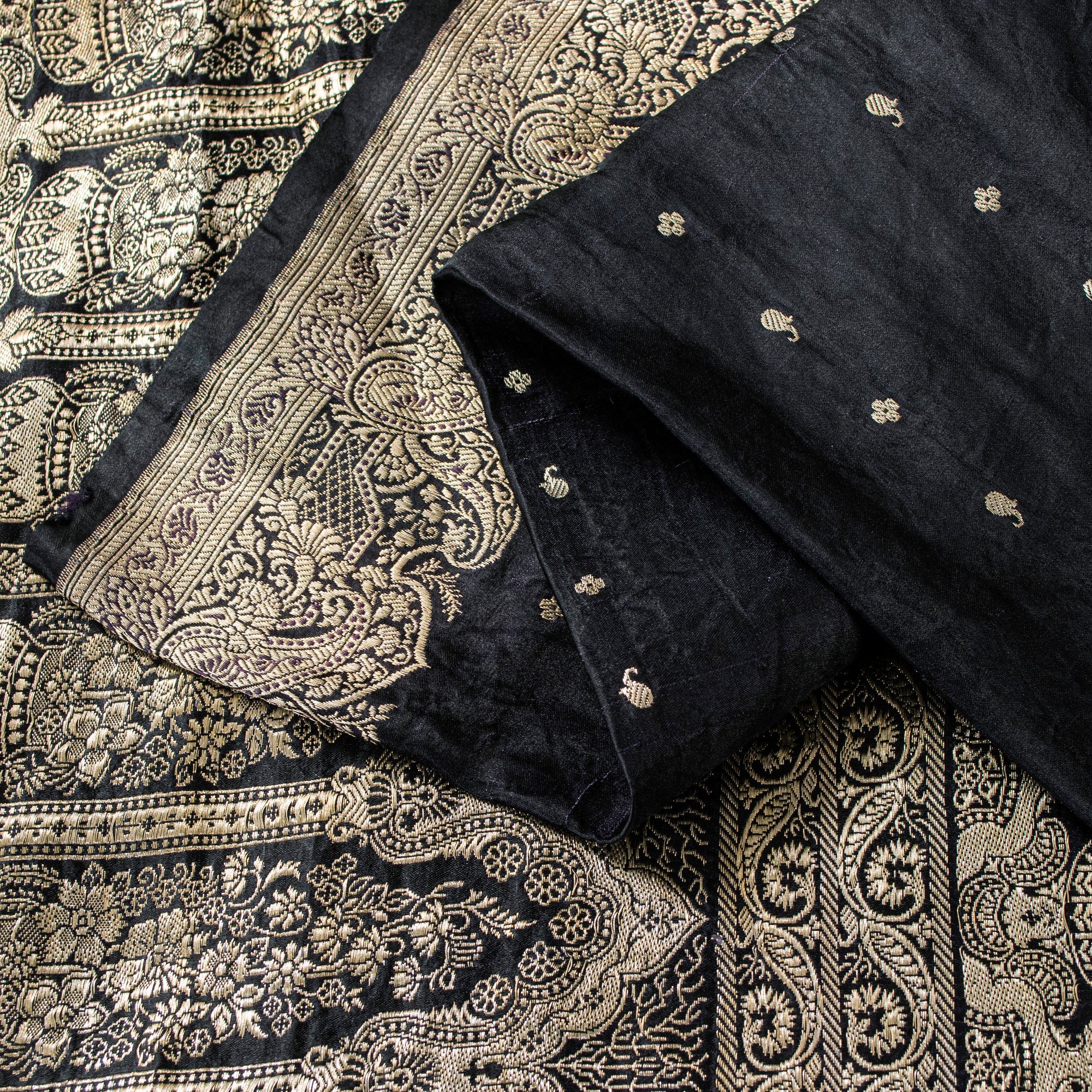 Sanskriti Vintage Black Pure Satin Sarees Banarasi Brocade Zari Hand Woven 5+YD