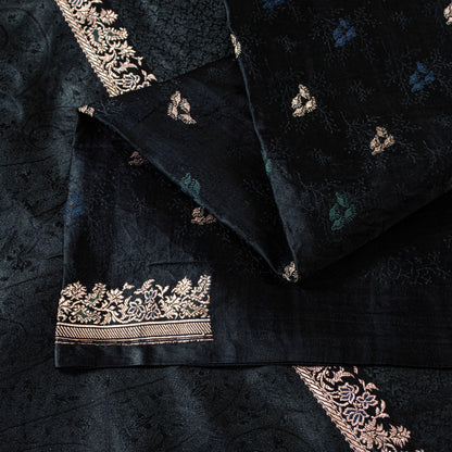 Sanskriti Vintage Black Pure Satin Sarees Zari Hand Woven Brocade Banarasi 5+YD